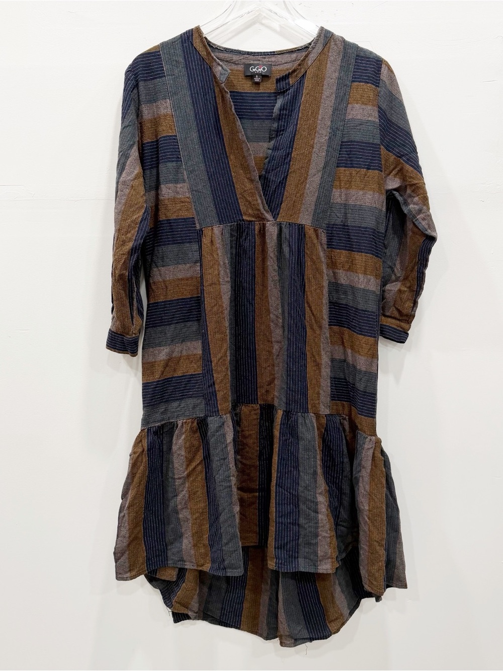GiGio USA Cotton Oversized Bohemian Tiered Dress Stripe Cottagecore Lagenlook S - Picture 2 of 7